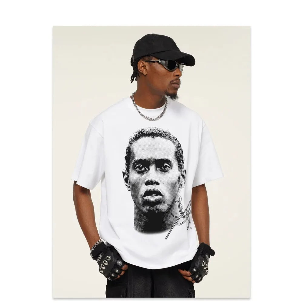 Ronaldinho Head Printed Short Sleeve Fashion Brand Crew-neck Cotton Casual Breathable High Quality Men's Women's T-shirt Velora