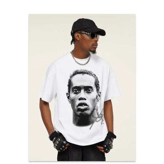 Ronaldinho Head Printed Short Sleeve Fashion Brand Crew-neck Cotton Casual Breathable High Quality Men's Women's T-shirt Velora