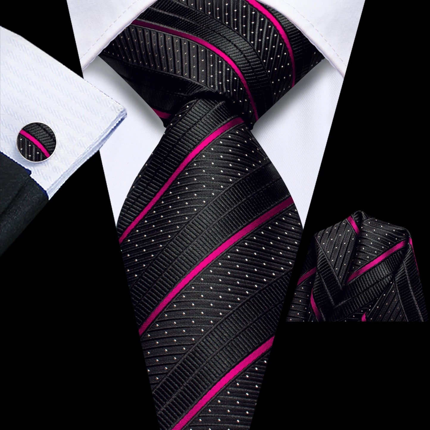 Hi-Tie Striped Rose Blue Pink Business Mens Tie 8.5cm Jacquard Necktie Accessorie Daily Cravat Wedding Party Hanky Cufflink Set - Velora