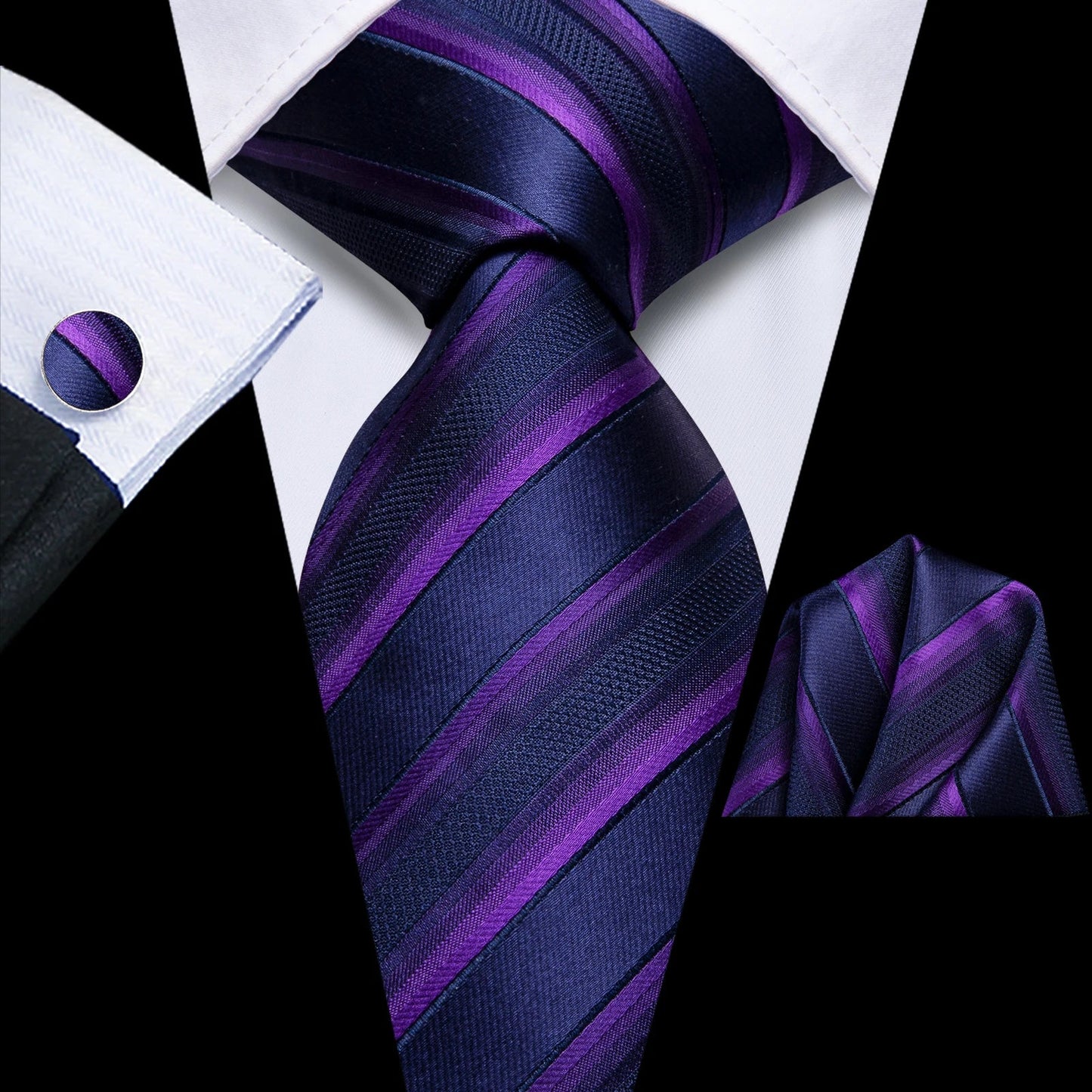 Hi-Tie Striped Rose Blue Pink Business Mens Tie 8.5cm Jacquard Necktie Accessorie Daily Cravat Wedding Party Hanky Cufflink Set - Velora