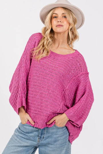 SAGE + FIG Distressed Asymmetrical Open Stitch Sweater - Velora Luxury Fashion