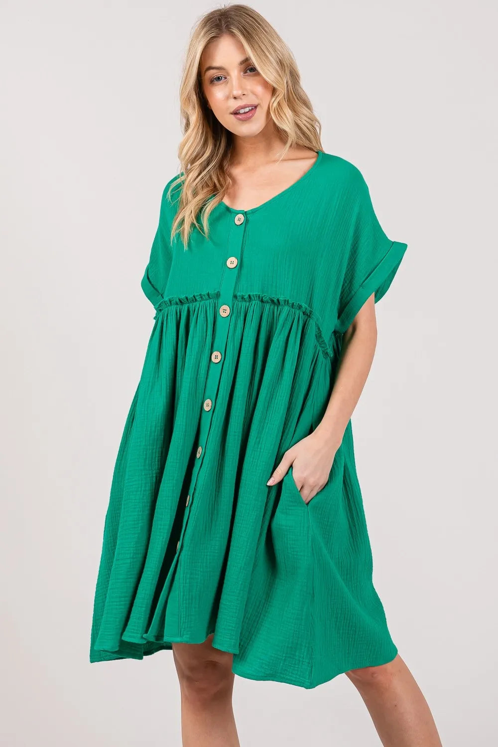 SAGE + FIG Full Size Button Up Short Sleeve Dress - Velora Luxury Fashion