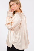 SAGE + FIG Notched Long Sleeve Blouse - Velora Luxury Fashion