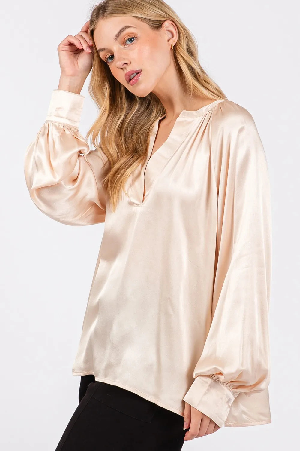 SAGE + FIG Notched Long Sleeve Blouse - Velora Luxury Fashion