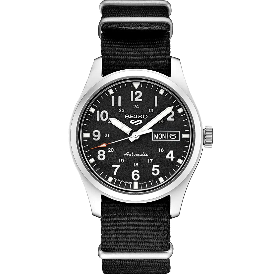 SEIKO SRPG37 Watch for Men - 5 Sports - Automatic with Manual Winding Movement Black Dial Stainless Steel Case Black Nylon Strap 100m Water Resistant and Day/Date Display - Velora Luxury Fashion