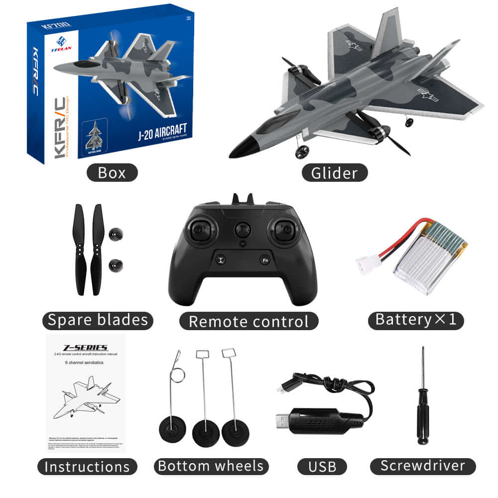 KF700 J-20 4-Channel Brushless Glider RC Plane, 300m Range, Camouflage Gray - Velora Luxury Fashion