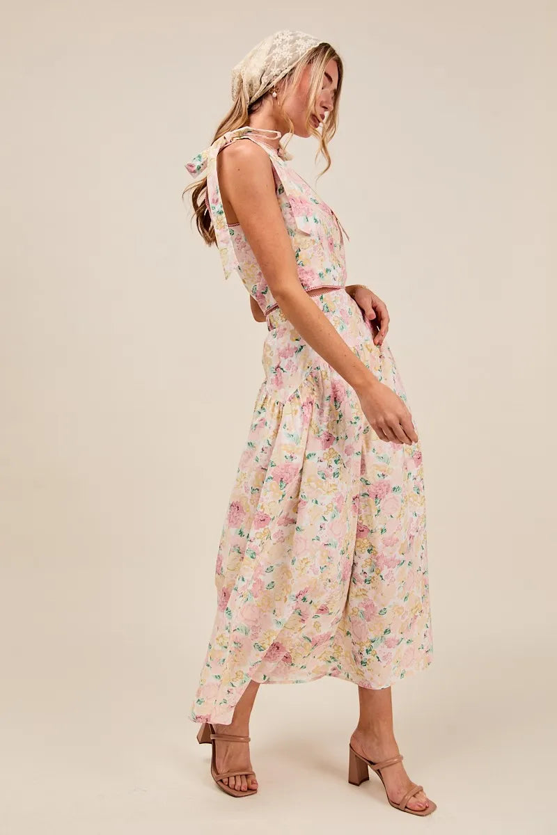 SO ME Floral Printed Woven Shoulder Bow Tie Top and Skirt Set - Velora Luxury Fashion