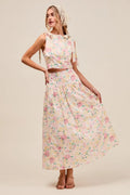 SO ME Floral Printed Woven Shoulder Bow Tie Top and Skirt Set - Velora Luxury Fashion