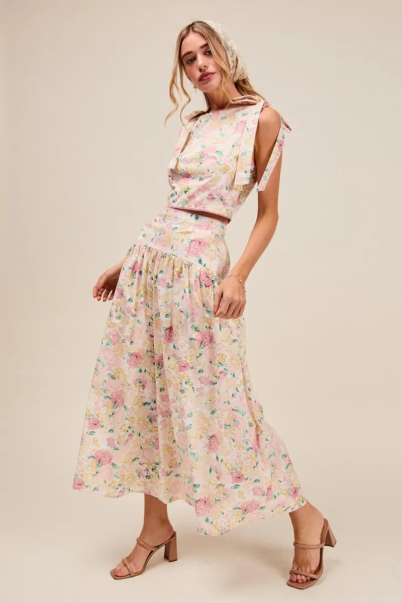SO ME Floral Printed Woven Shoulder Bow Tie Top and Skirt Set - Velora Luxury Fashion