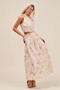 SO ME Floral Printed Woven Shoulder Bow Tie Top and Skirt Set - Velora Luxury Fashion