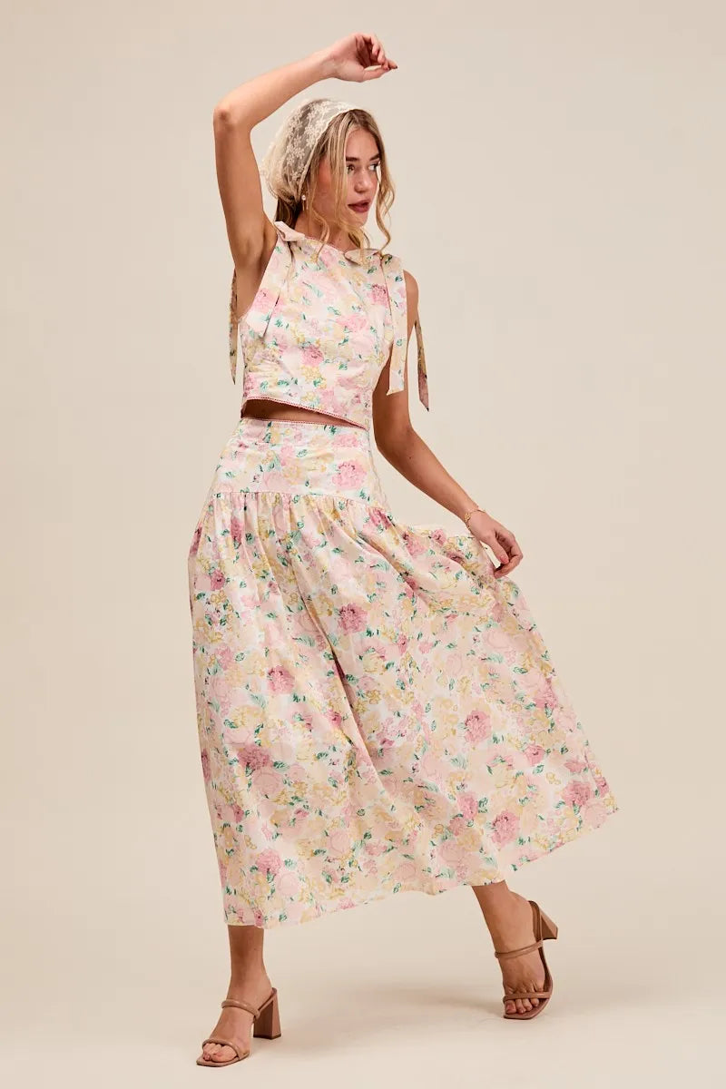 SO ME Floral Printed Woven Shoulder Bow Tie Top and Skirt Set - Velora Luxury Fashion