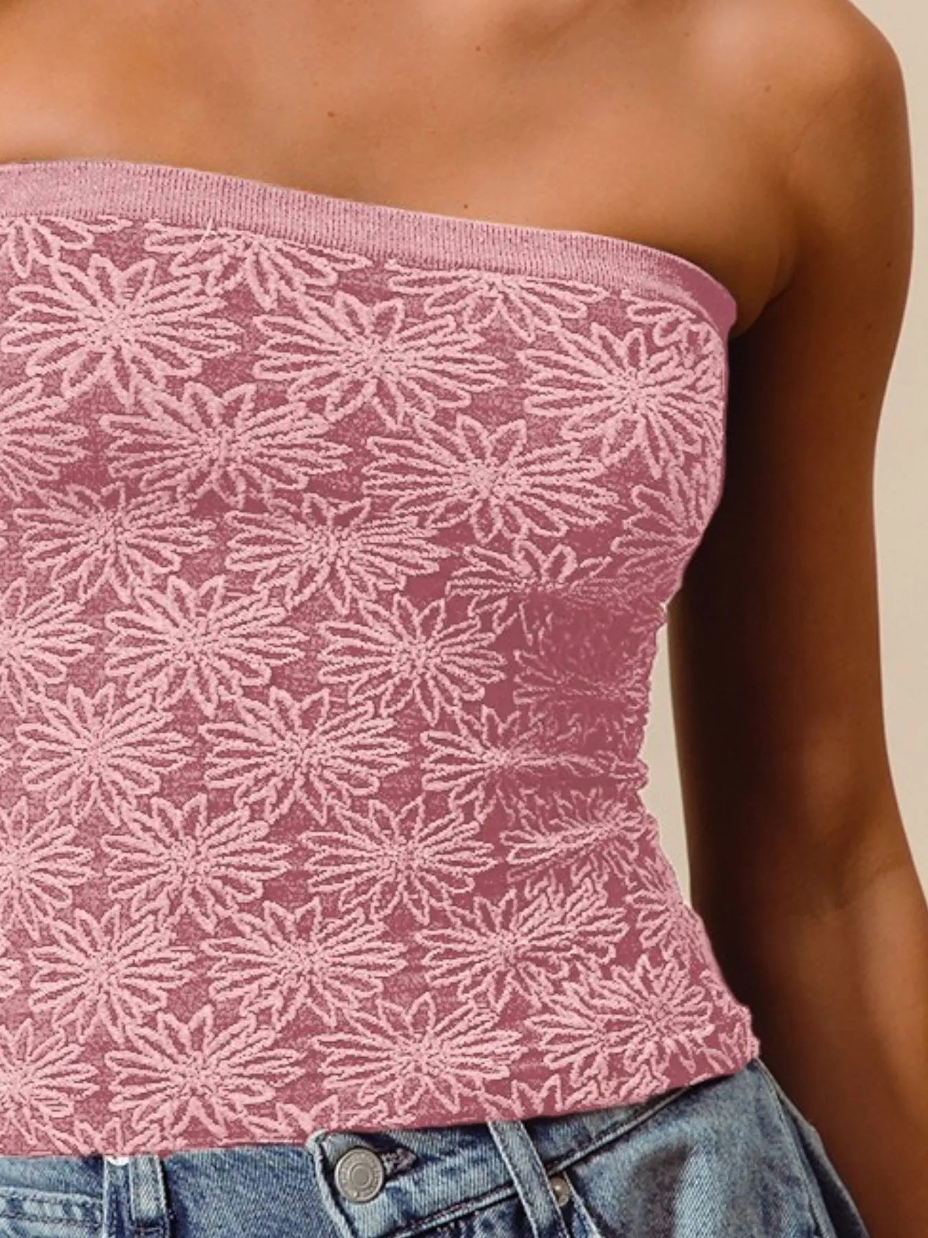 SO ME Jacquard Floral Two Tone Seamless Tube Top - Velora Luxury Fashion