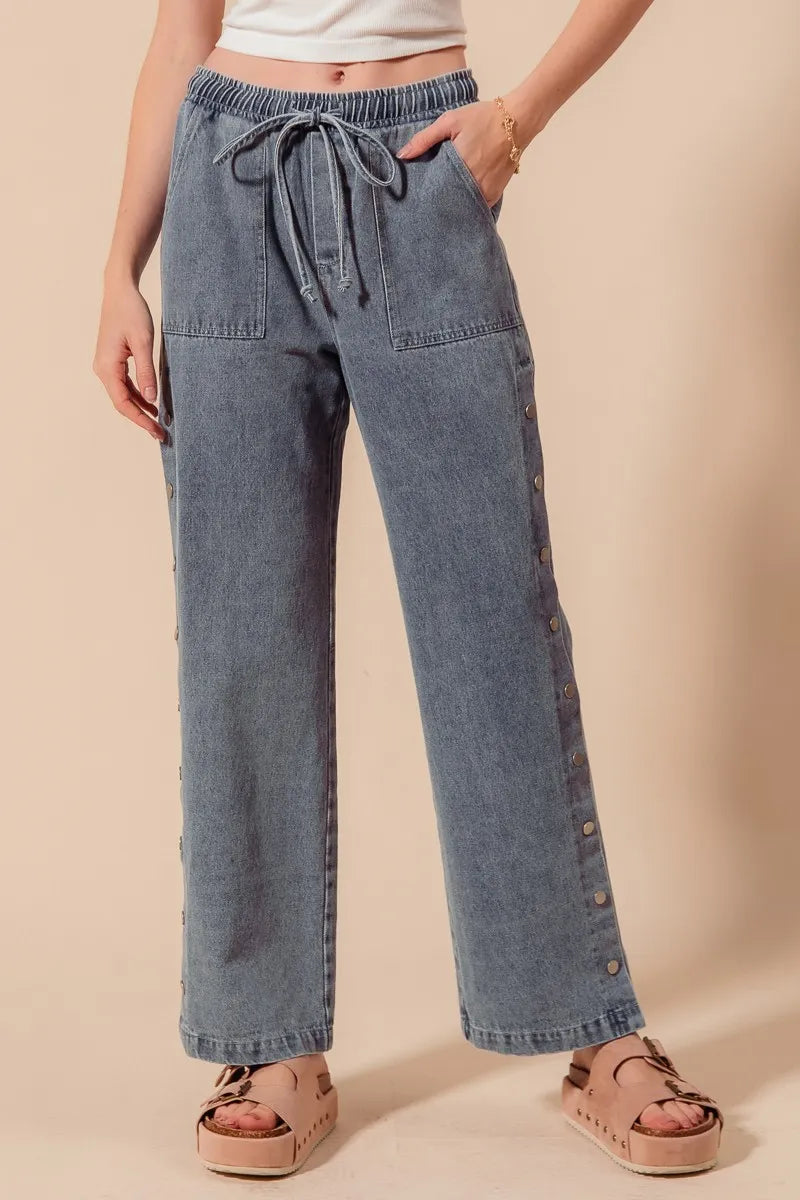 SO ME Mid Rise Drawstring Jeans with Side Snap Button - Velora Luxury Fashion