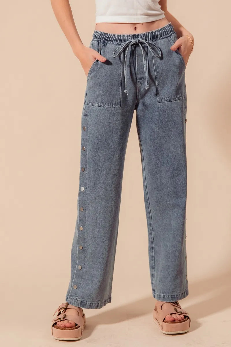 SO ME Mid Rise Drawstring Jeans with Side Snap Button - Velora Luxury Fashion