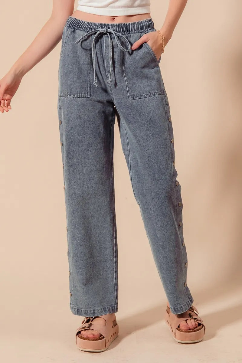 SO ME Mid Rise Drawstring Jeans with Side Snap Button - Velora Luxury Fashion