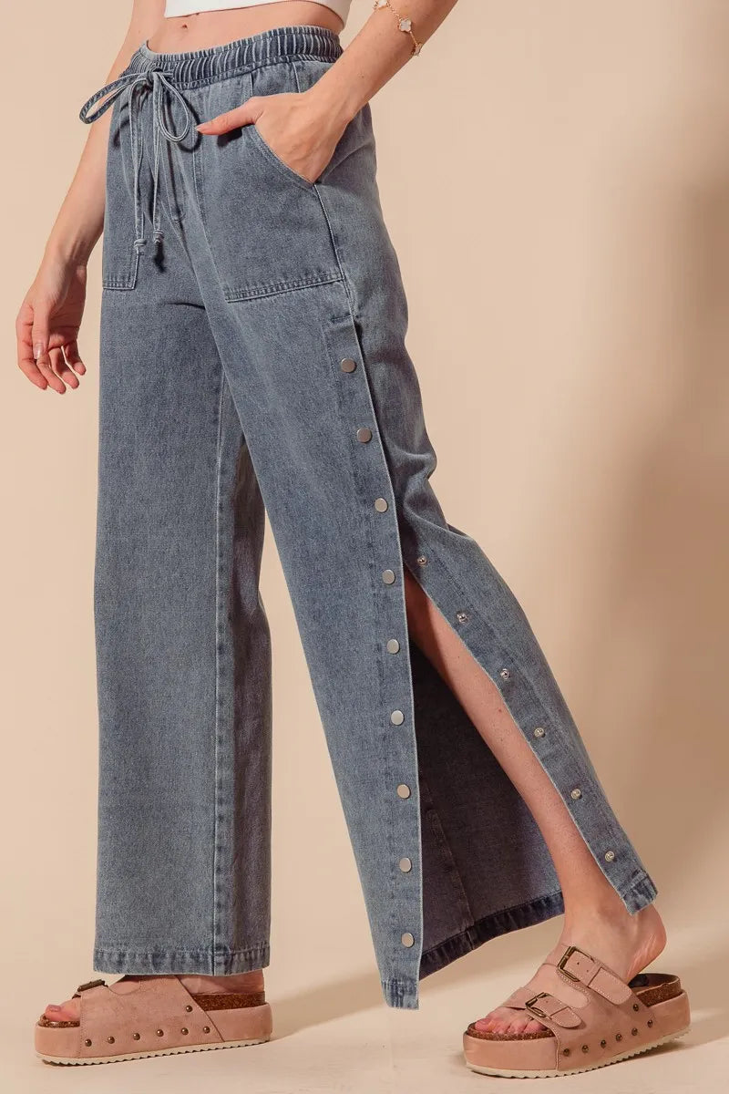 SO ME Mid Rise Drawstring Jeans with Side Snap Button - Velora Luxury Fashion