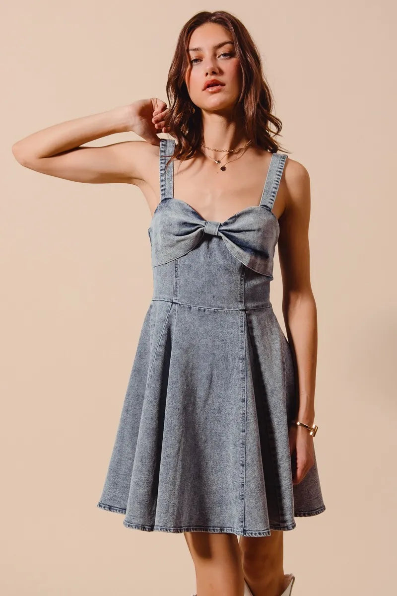 SO ME Mineral Washed Bow Ribbon Denim Flare Dress - Velora Luxury Fashion