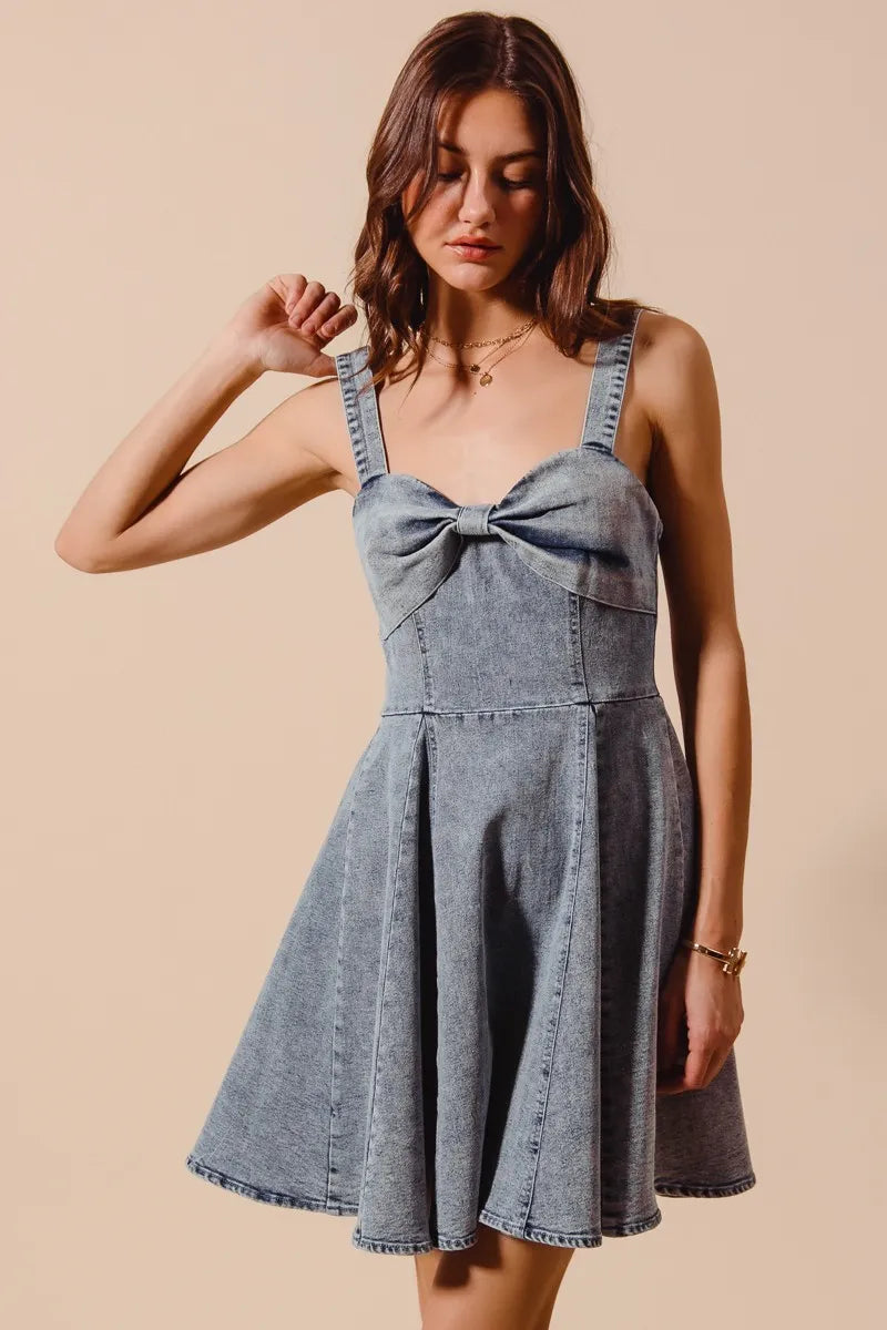 SO ME Mineral Washed Bow Ribbon Denim Flare Dress - Velora Luxury Fashion