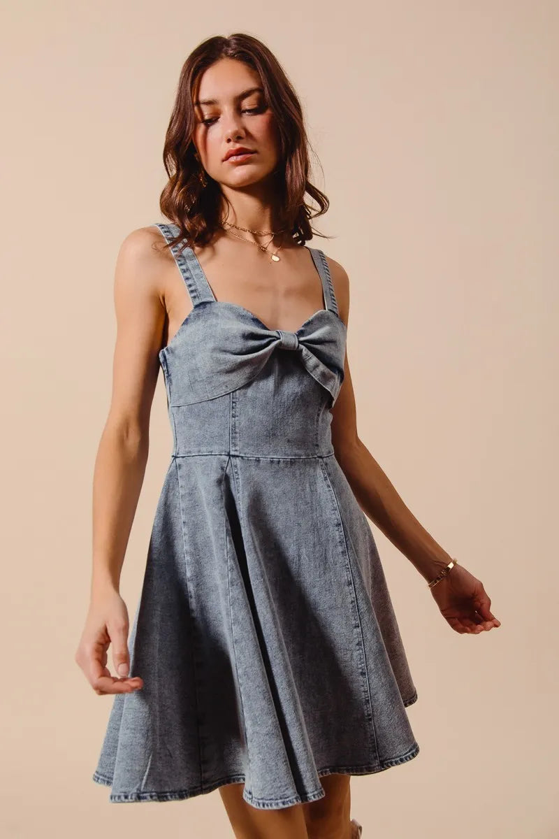 SO ME Mineral Washed Bow Ribbon Denim Flare Dress - Velora Luxury Fashion