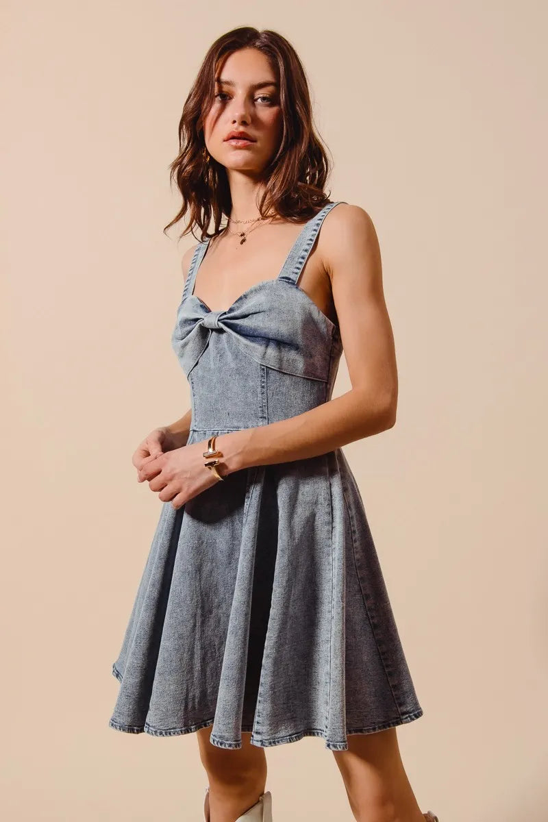 SO ME Mineral Washed Bow Ribbon Denim Flare Dress - Velora Luxury Fashion