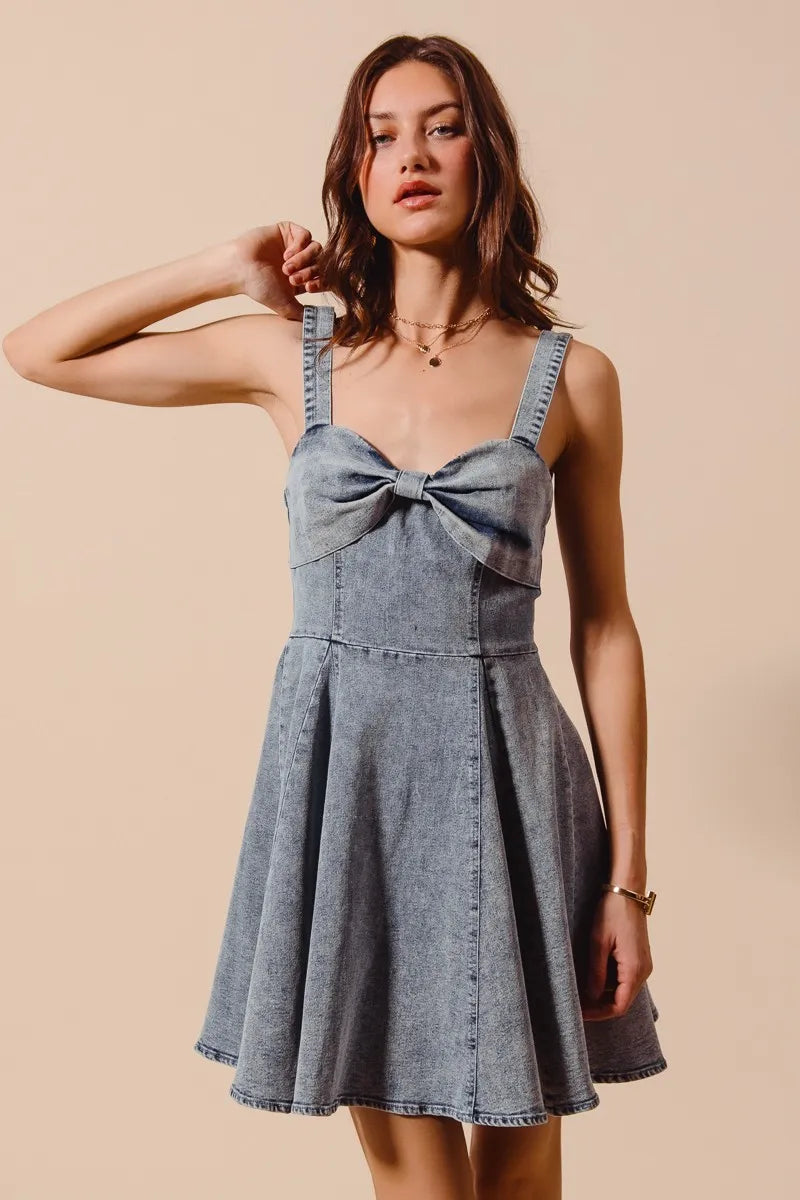 SO ME Mineral Washed Bow Ribbon Denim Flare Dress - Velora Luxury Fashion