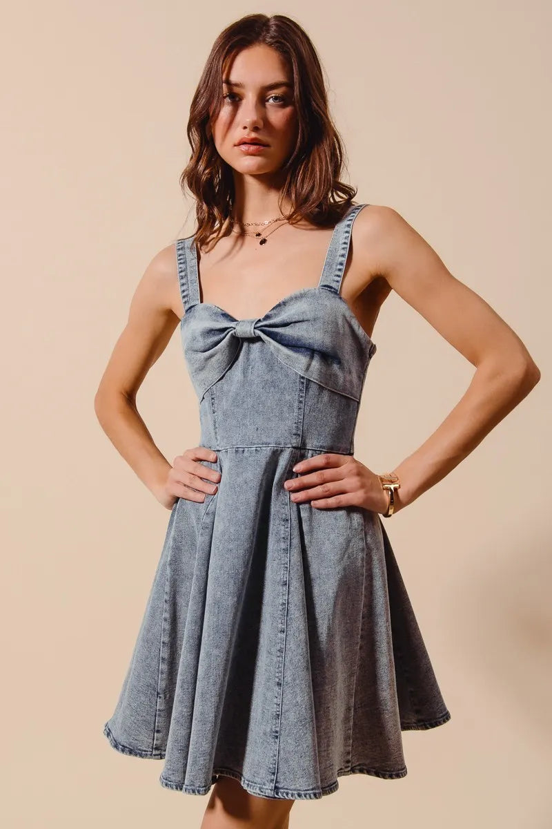 SO ME Mineral Washed Bow Ribbon Denim Flare Dress - Velora Luxury Fashion