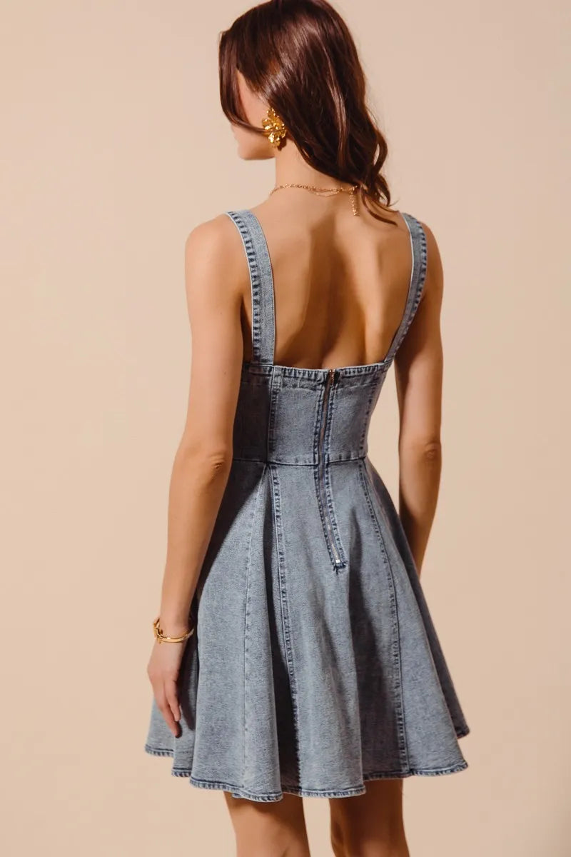 SO ME Mineral Washed Bow Ribbon Denim Flare Dress - Velora Luxury Fashion