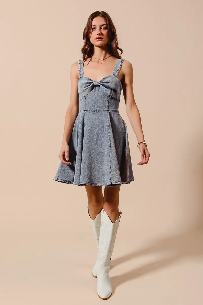 SO ME Mineral Washed Bow Ribbon Denim Flare Dress - Velora Luxury Fashion