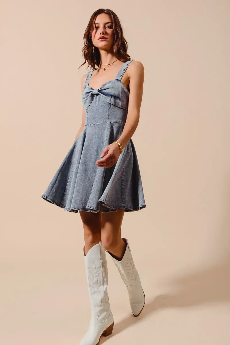 SO ME Mineral Washed Bow Ribbon Denim Flare Dress - Velora Luxury Fashion