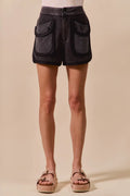 SO ME Mineral Washed Terry High Rise Cargo Shorts - Velora Luxury Fashion