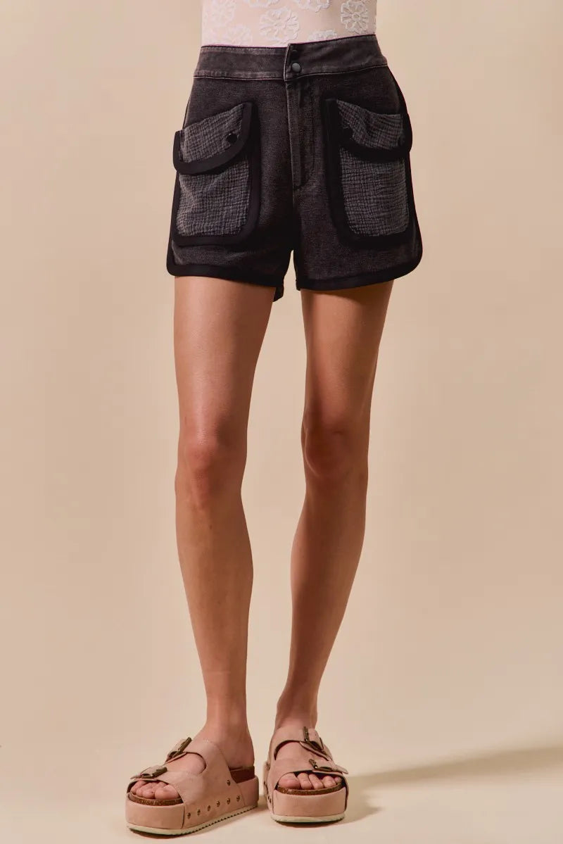 SO ME Mineral Washed Terry High Rise Cargo Shorts - Velora Luxury Fashion