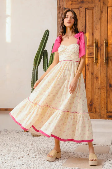 SO ME Ribbon Flowy Maxi Dress with Contrast Trim - Velora Luxury Fashion