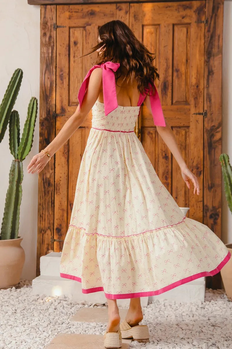 SO ME Ribbon Flowy Maxi Dress with Contrast Trim - Velora Luxury Fashion
