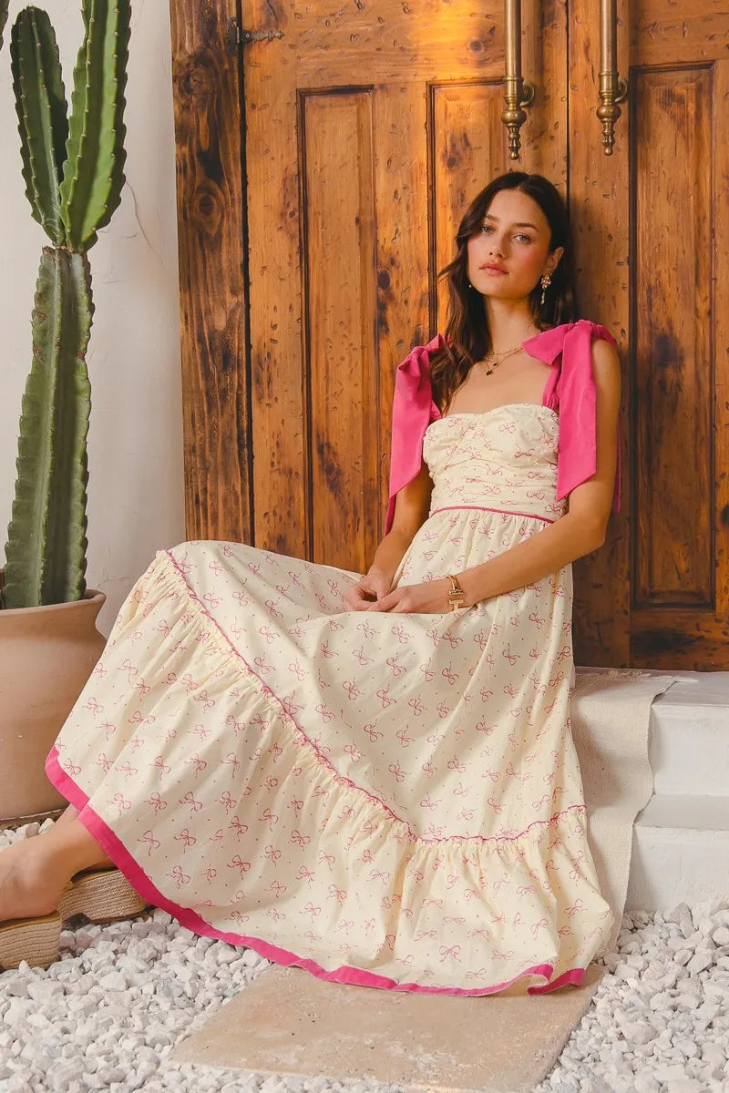 SO ME Ribbon Flowy Maxi Dress with Contrast Trim - Velora Luxury Fashion