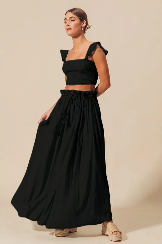 SO ME Smocked Top and Flowy Maxi Skirt Set - Velora Luxury Fashion