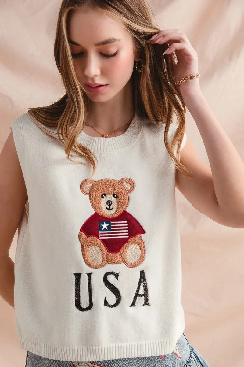 SO ME Teddy Bear Wearing An American Flag With Usa Embroidered Sweater Vest - Velora Luxury Fashion