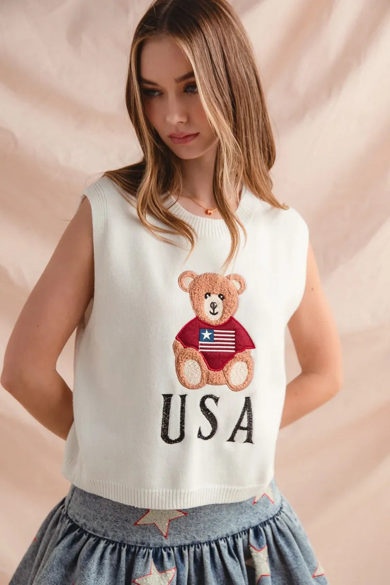 SO ME Teddy Bear Wearing An American Flag With Usa Embroidered Sweater Vest - Velora Luxury Fashion