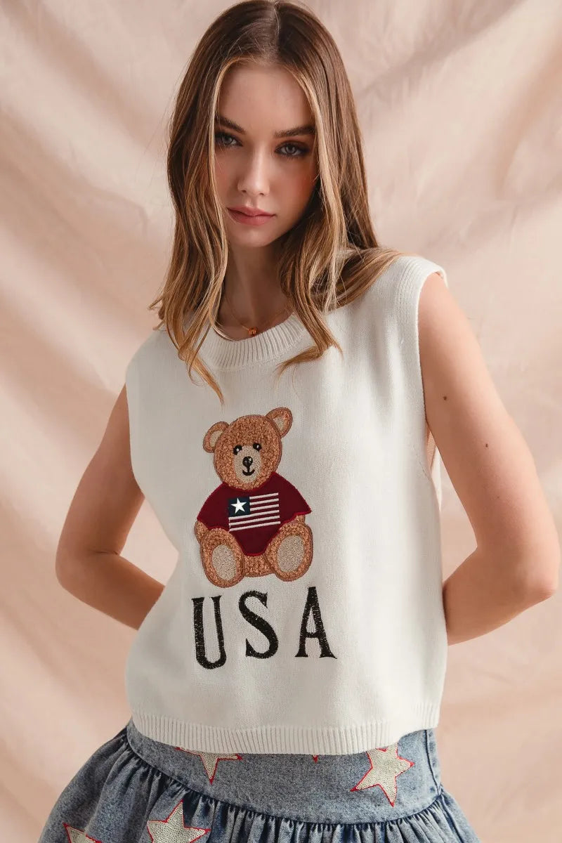 SO ME Teddy Bear Wearing An American Flag With Usa Embroidered Sweater Vest - Velora Luxury Fashion