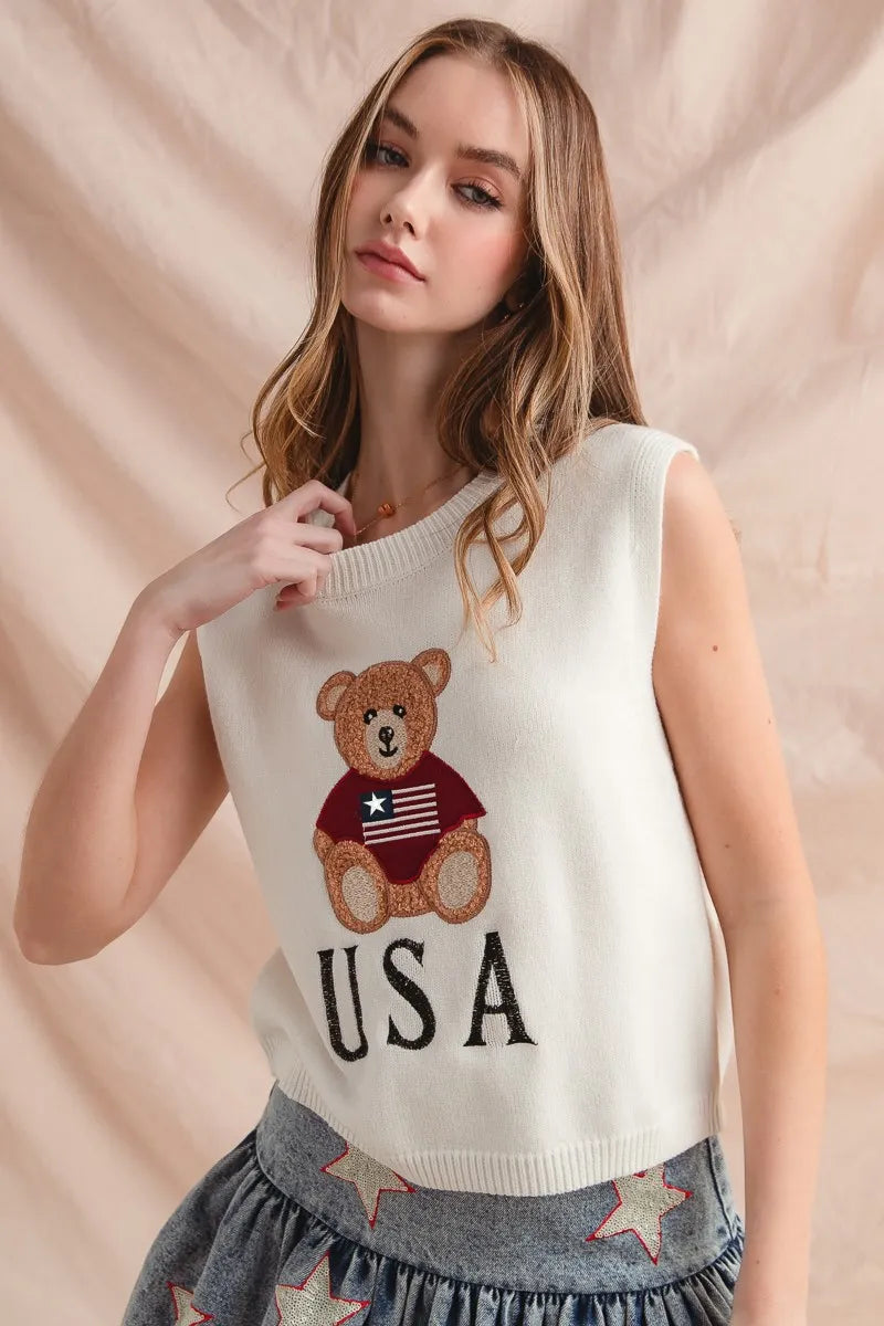 SO ME Teddy Bear Wearing An American Flag With Usa Embroidered Sweater Vest - Velora Luxury Fashion