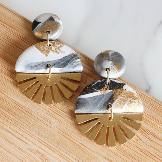 SOL Earrings. White, Black & Grey Polymer Clay Earrings with brass Sun Rays - Velora Luxury Fashion