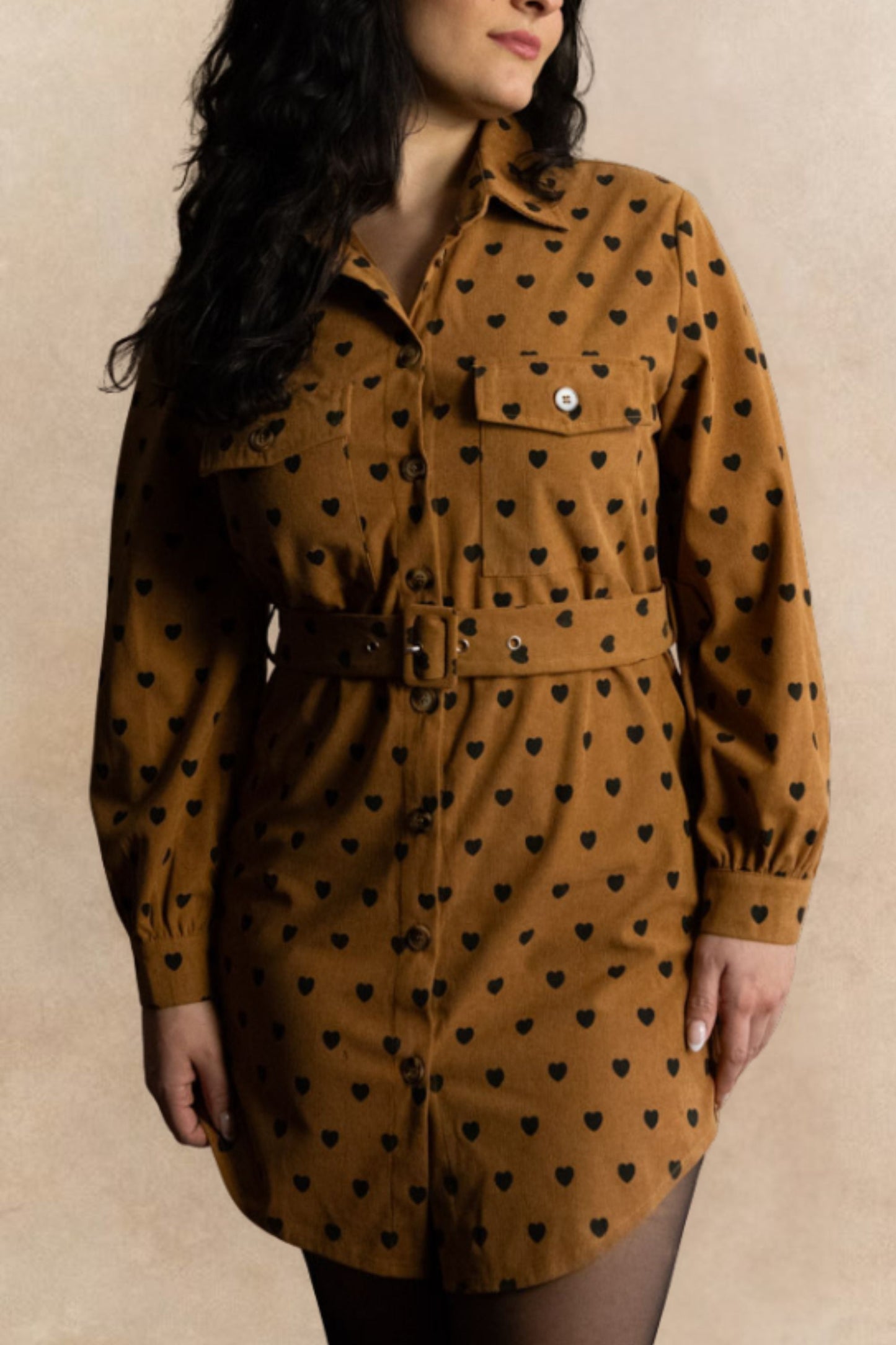 Stephanie Heart Print Tunic Shirt Long Sleeve Button Down Belted - Velora Luxury Fashion