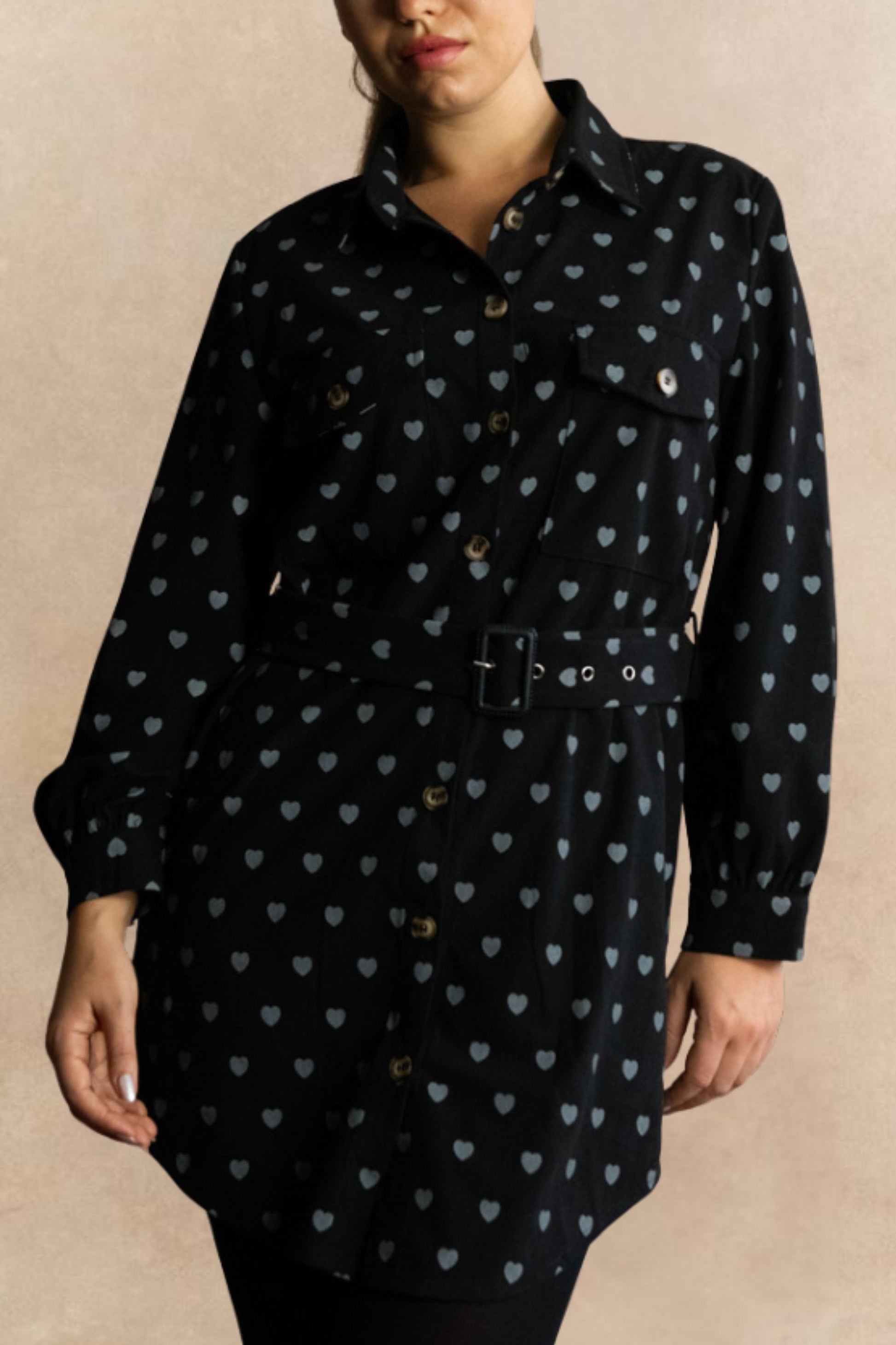 Stephanie Heart Print Tunic Shirt Long Sleeve Button Down Belted - Velora Luxury Fashion