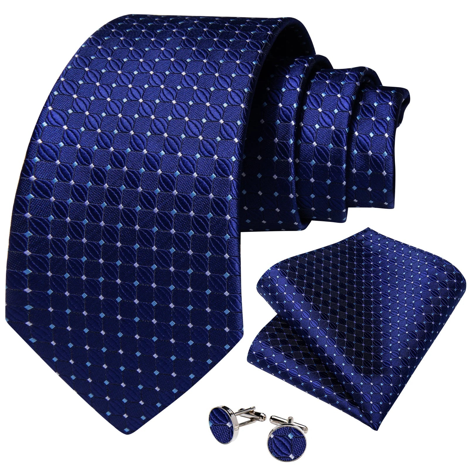 Blue Royal Dot Pliad Mens Tie set with Silver Clip and Ring Business Wedding Party Accessories 8cm Necktie Handkerchief Cufflink - Velora