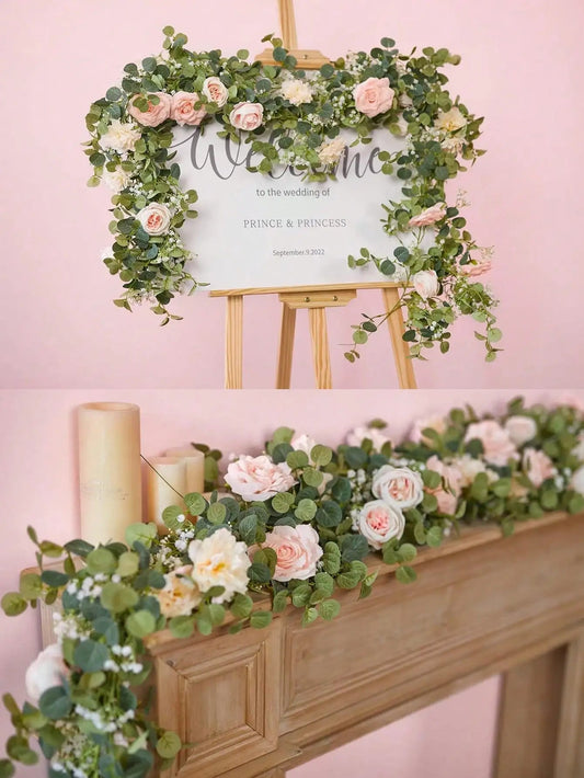 1pc 5.9FT Artificial Eucalyptus Vine Fake Rose Flowers Gypsophila Garland For Wedding Home Party Craft Art Table Runner Decor - Velora
