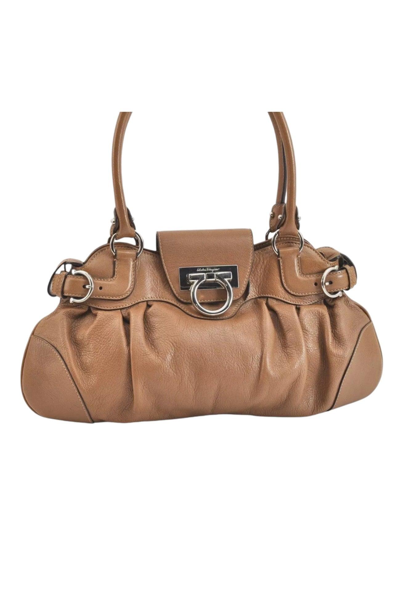 Salvatore Ferragamo Gancini Leather Shoulder Hand Bag Brown 7570K - Velora Luxury Fashion