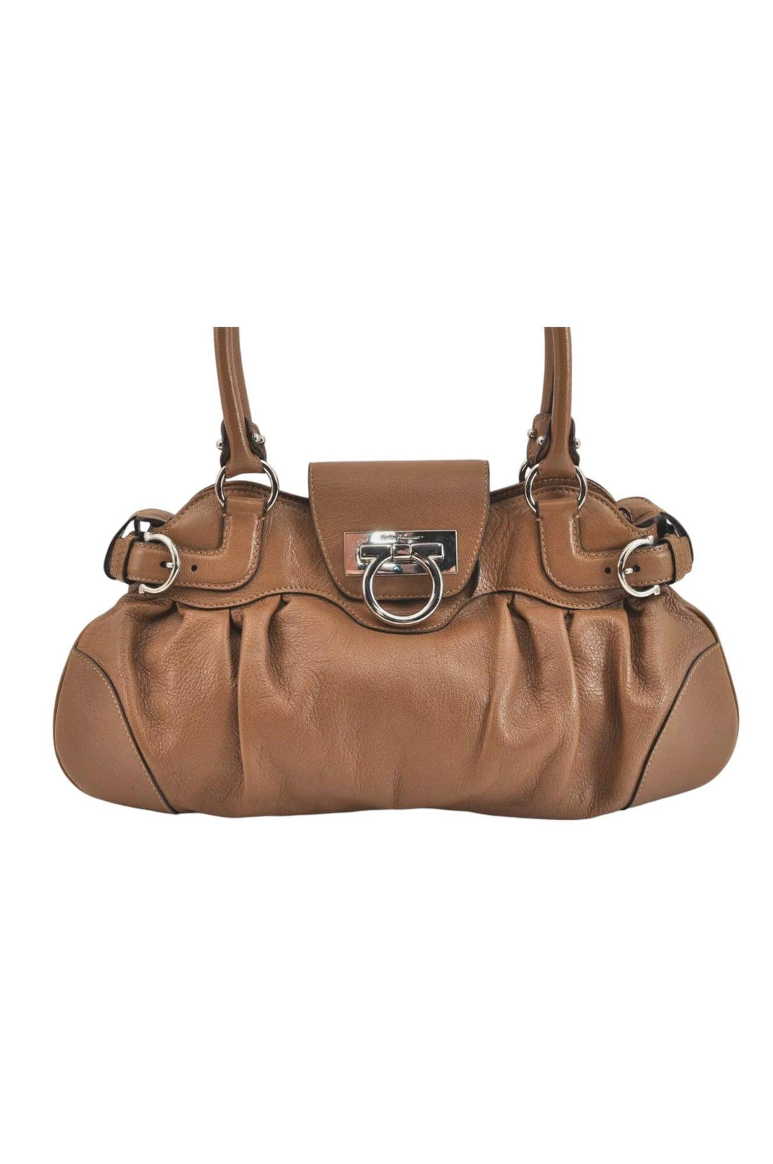 Salvatore Ferragamo Gancini Leather Shoulder Hand Bag Brown 7570K - Velora Luxury Fashion