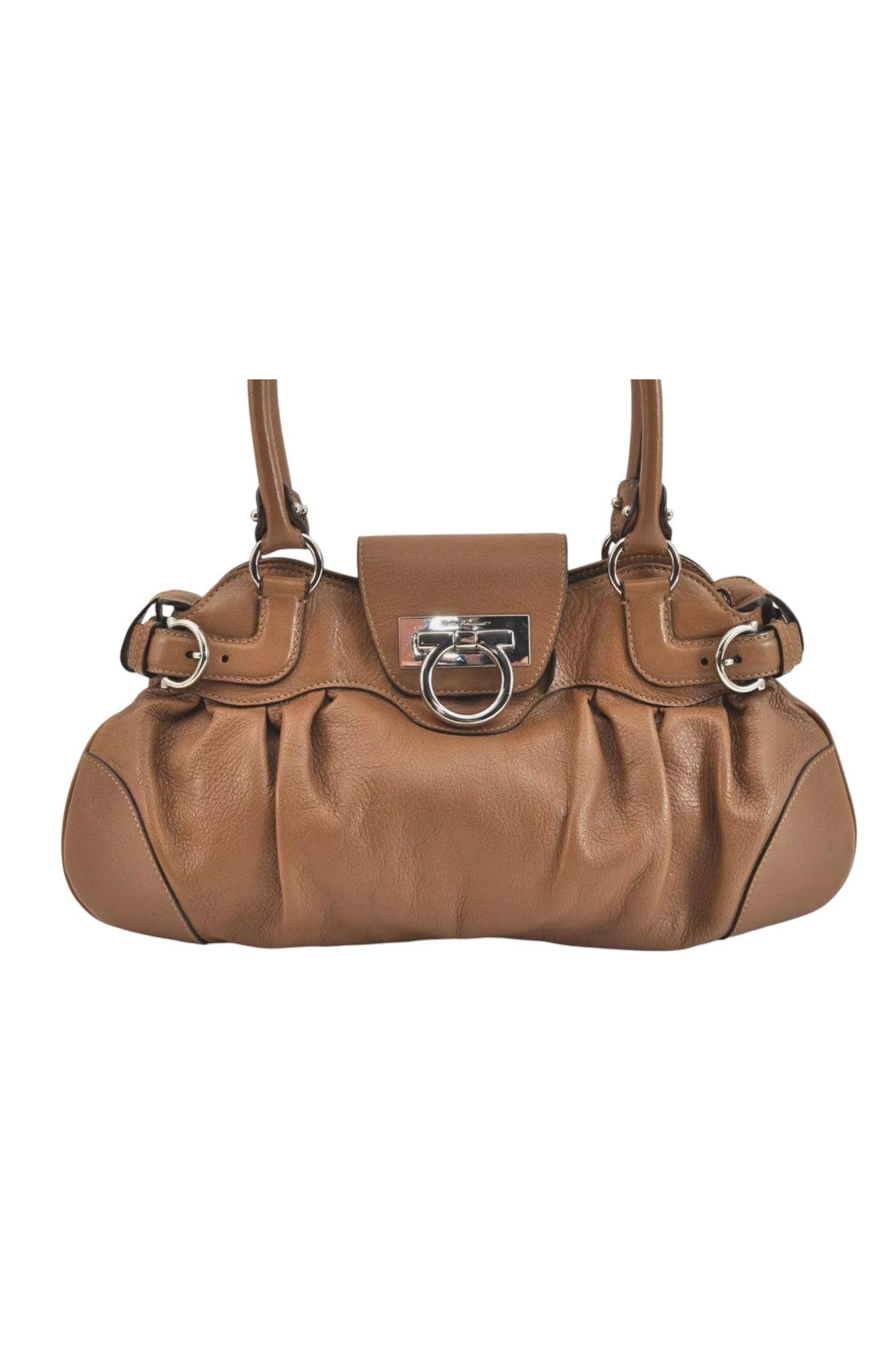 Salvatore Ferragamo Gancini Leather Shoulder Hand Bag Brown 7570K - Velora Luxury Fashion