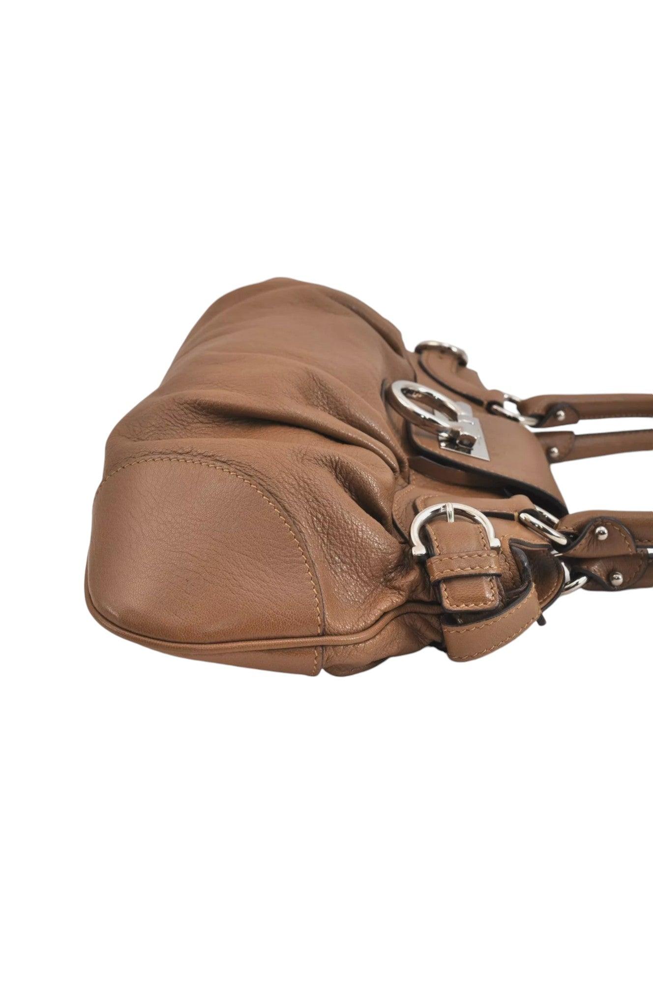 Salvatore Ferragamo Gancini Leather Shoulder Hand Bag Brown 7570K - Velora Luxury Fashion
