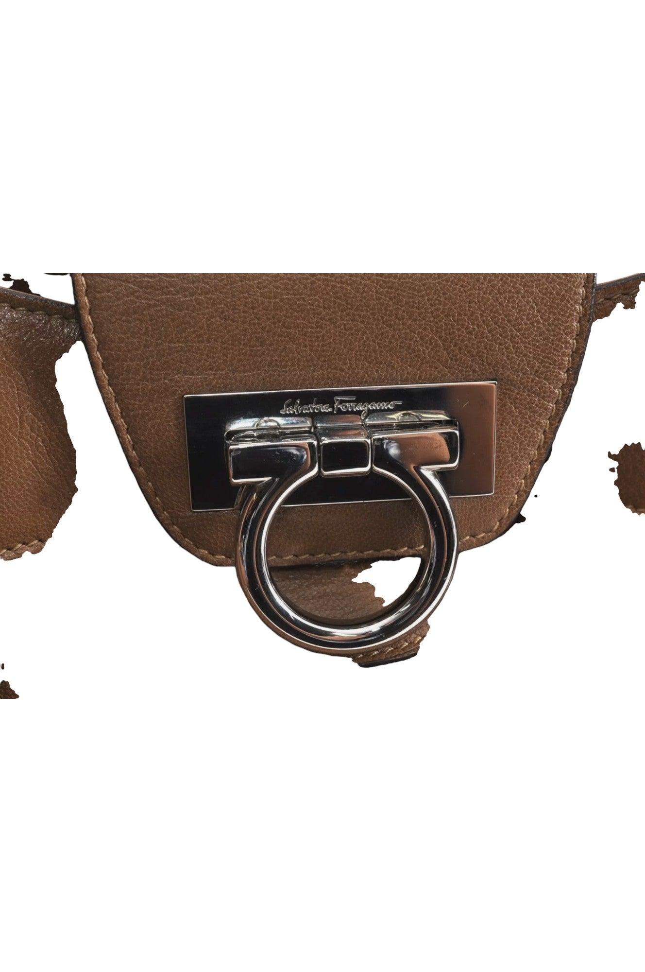 Salvatore Ferragamo Gancini Leather Shoulder Hand Bag Brown 7570K - Velora Luxury Fashion