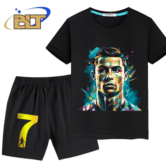 Ronaldo head print children's clothing summer kids T-shirt set pure cotton short-sleeved shorts 2-piece set boys and girls gifts Velora